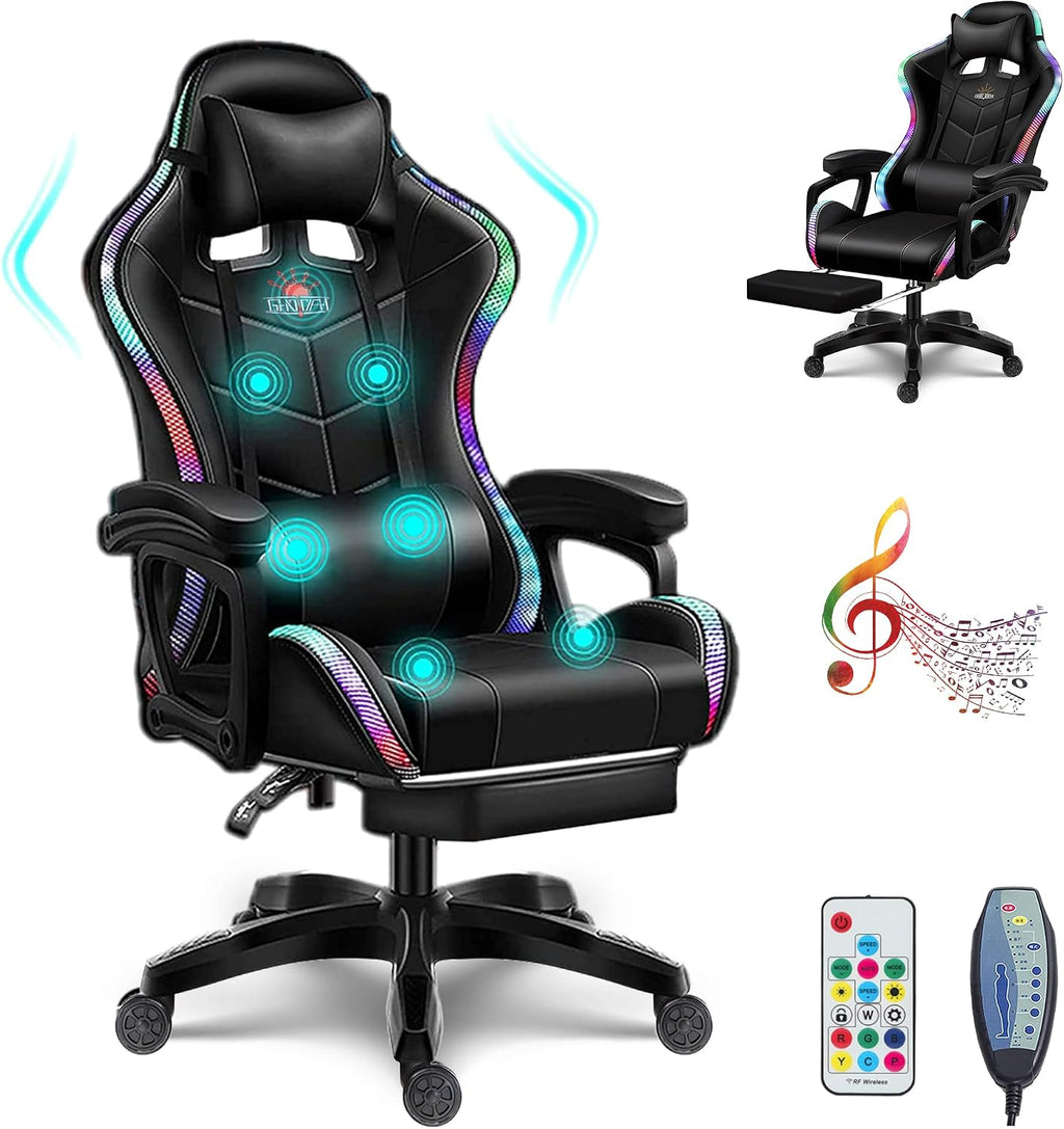RGB Gaming Chair with Speakers Full Massage Video Game Chair with Footrest Ergonomic Office Chair PU Leather Recliner Swivel Computer Chair with Lumbar Support Headrest High Back Gamer Chair,Black