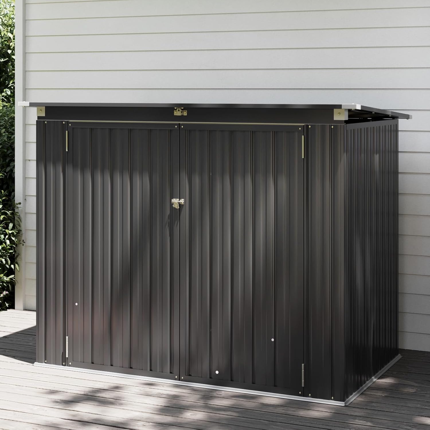 79 Cu. Ft Premium Storage Shed 3.3 x 5.6 FT Outside Metal Trash Shed Waterproof Outside Storage with Lid Chain Storage Trash Can Weeding Tools, for Garden, Backyard, Patio (Black)