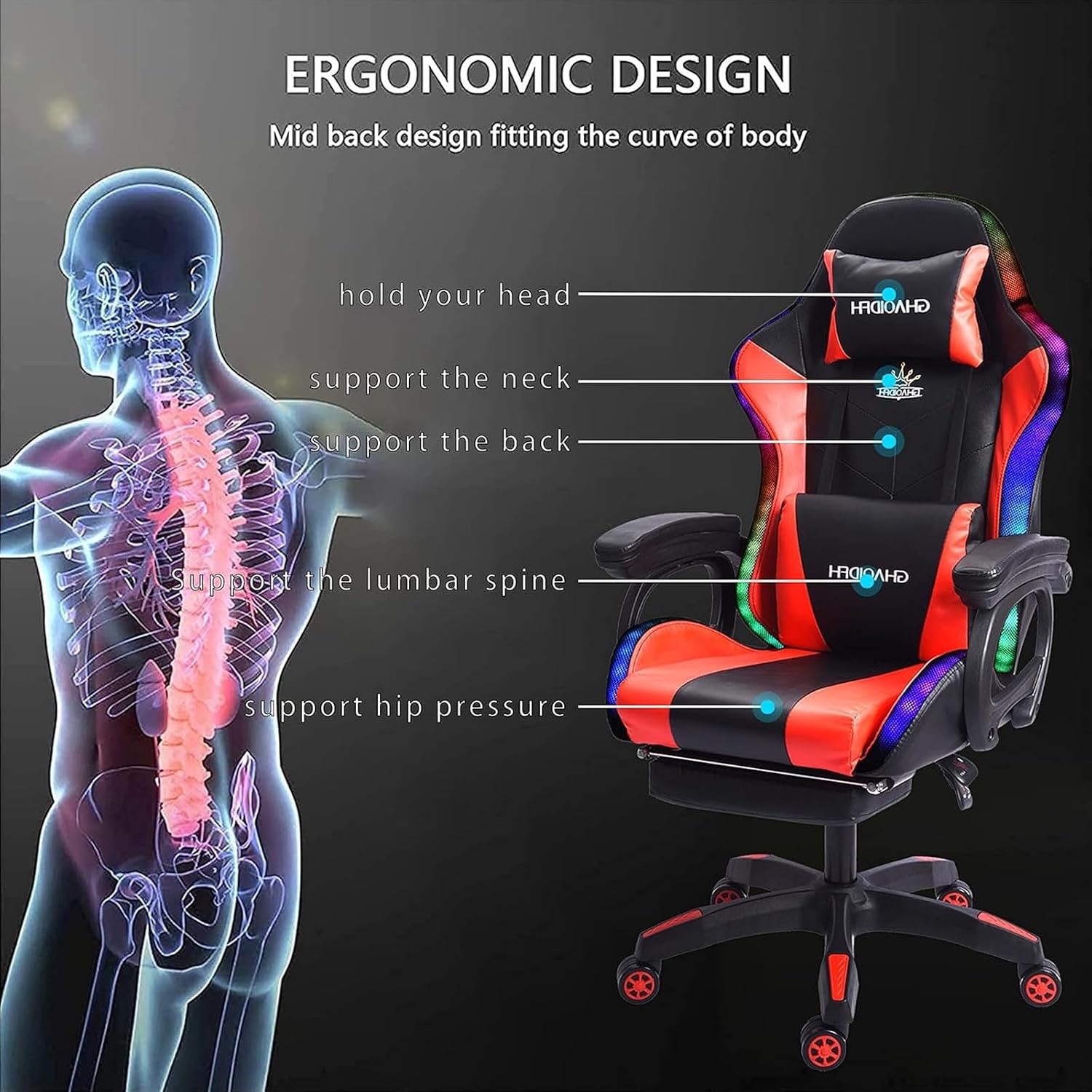 Gaming Chair with Bluetooth Speakers,Computer Chair Massage with LED Lights,Ergonomic Game Chair,Computer Stool with Footrest and Lumbar Support Height Adjustable with 360°-Swivel Seat (Red)