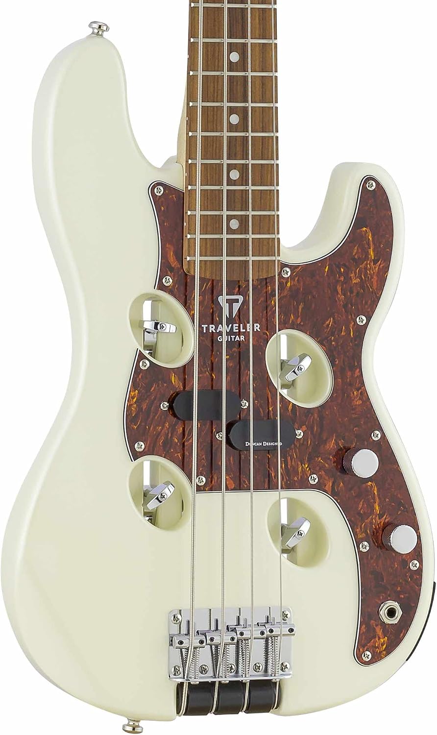 Traveler Guitar TB-4P Pearl White Bass | Travel Guitar with Aux-in | 4 String Bass Guitar with 22 Jumbo Frets | Full 32' Scale Portable Electric Bass Guitar | Headless Guitar with Custom Gig Bag