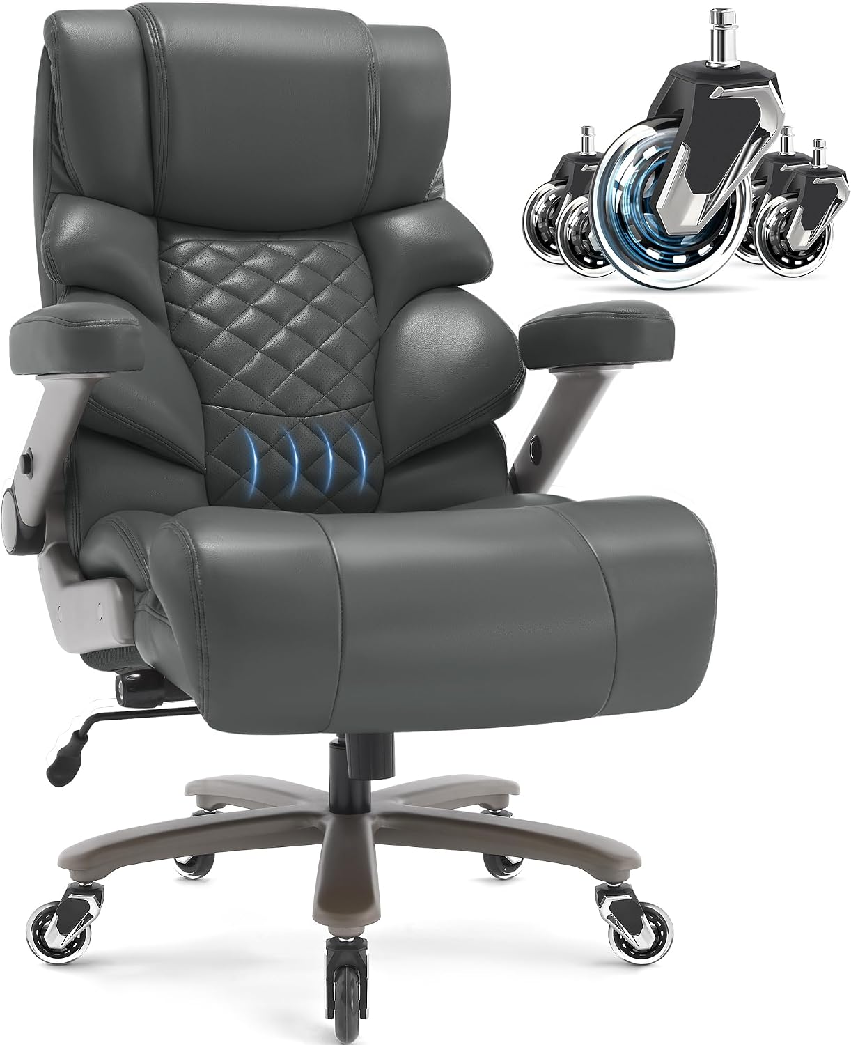 VUZI 700lbs Big and Tall Office Chair-Large Computer Chair with Adjustable Lumbar Support 3D Flip Arms Plus Size Wheels, High Back Executive Desk Chair, Heavy Duty Metal Base, Thick Padded Wide Seat