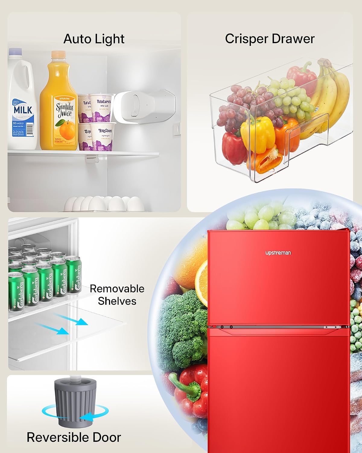 Upstreman 7.7 Cu Ft Refrigerator with Freezer, Double Door Fridge with Adjustable Thermostat Reversible Door, Large Capacity Refrigerator for Apartment, Dorm, Office, Kitchen, Red (BD-75)