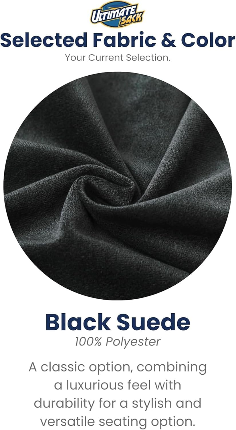 ULTIMATE SACK 6000 6-Foot Bean Bag Chair with Footstool, Black Suede Cover – Oversized Foam Lounger, Floor Seat, Small Sofa, or Couch Bed for Living Area, Gaming Room, or Reading Lounge