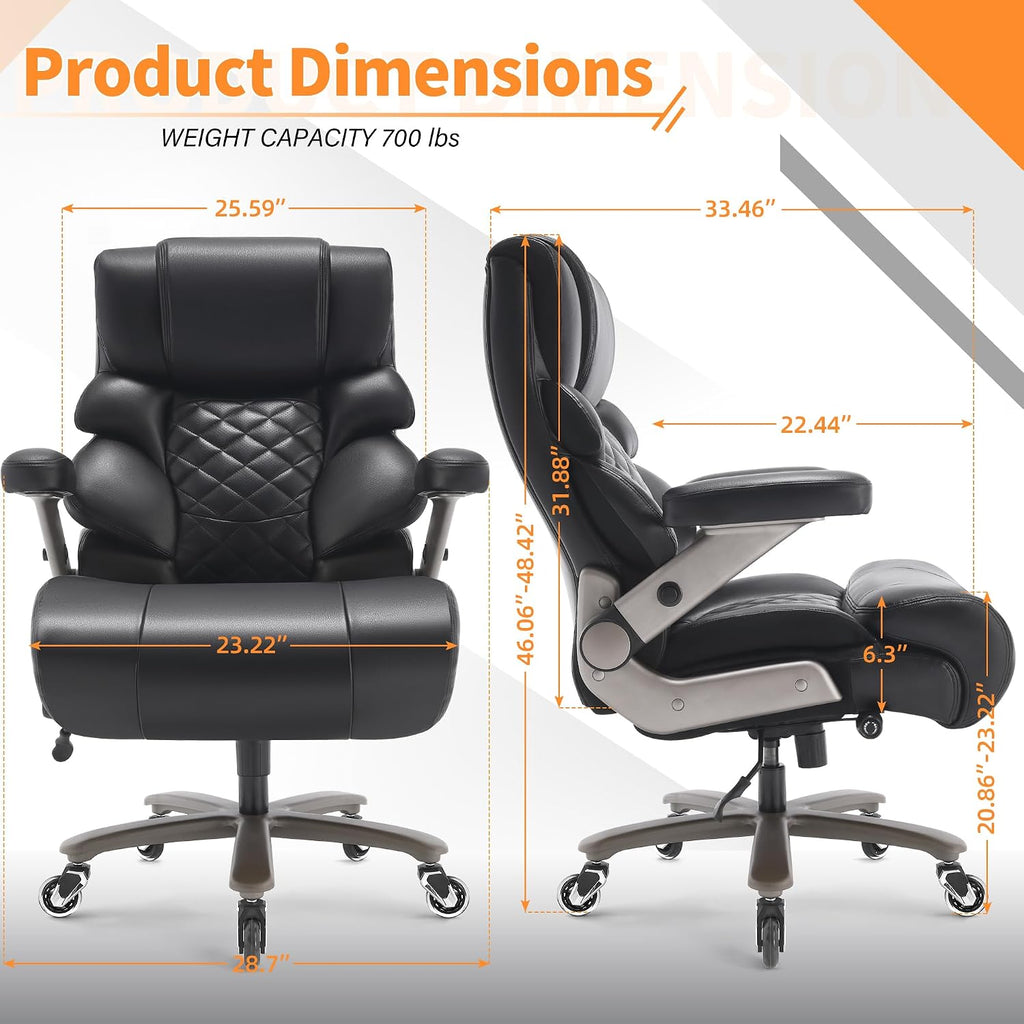 VUZI 700lbs Big and Tall Office Chair-Large Computer Chair with Adjustable Lumbar Support 3D Flip Arms Plus Size Wheels, High Back Executive Desk Chair, Heavy Duty Metal Base, Thick Padded Wide Seat