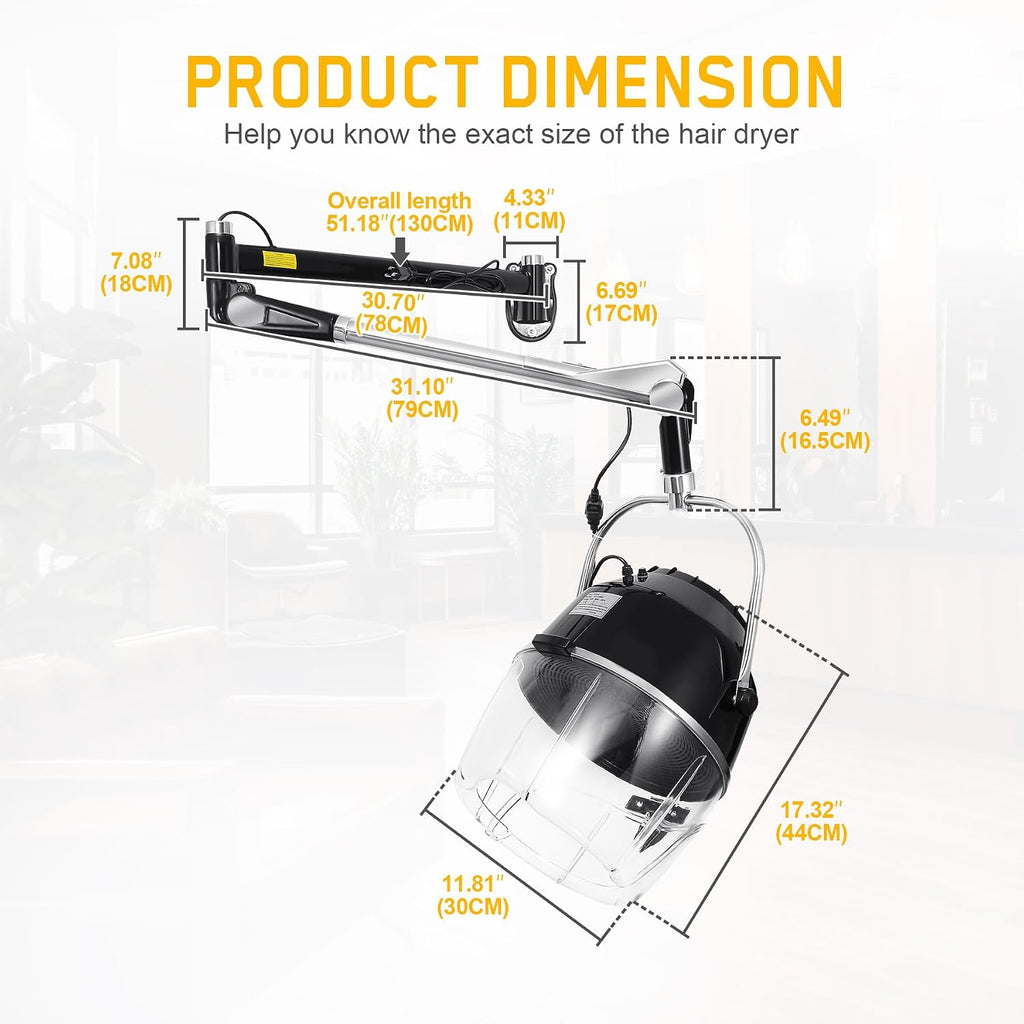 Wall Mounted Hair Dryer with Swivel Arm, Multifunctional Hair Processor Machine for Hair Care, Hair Dyeing, Oil Baking, Cold perm Heating, Drying and Styling