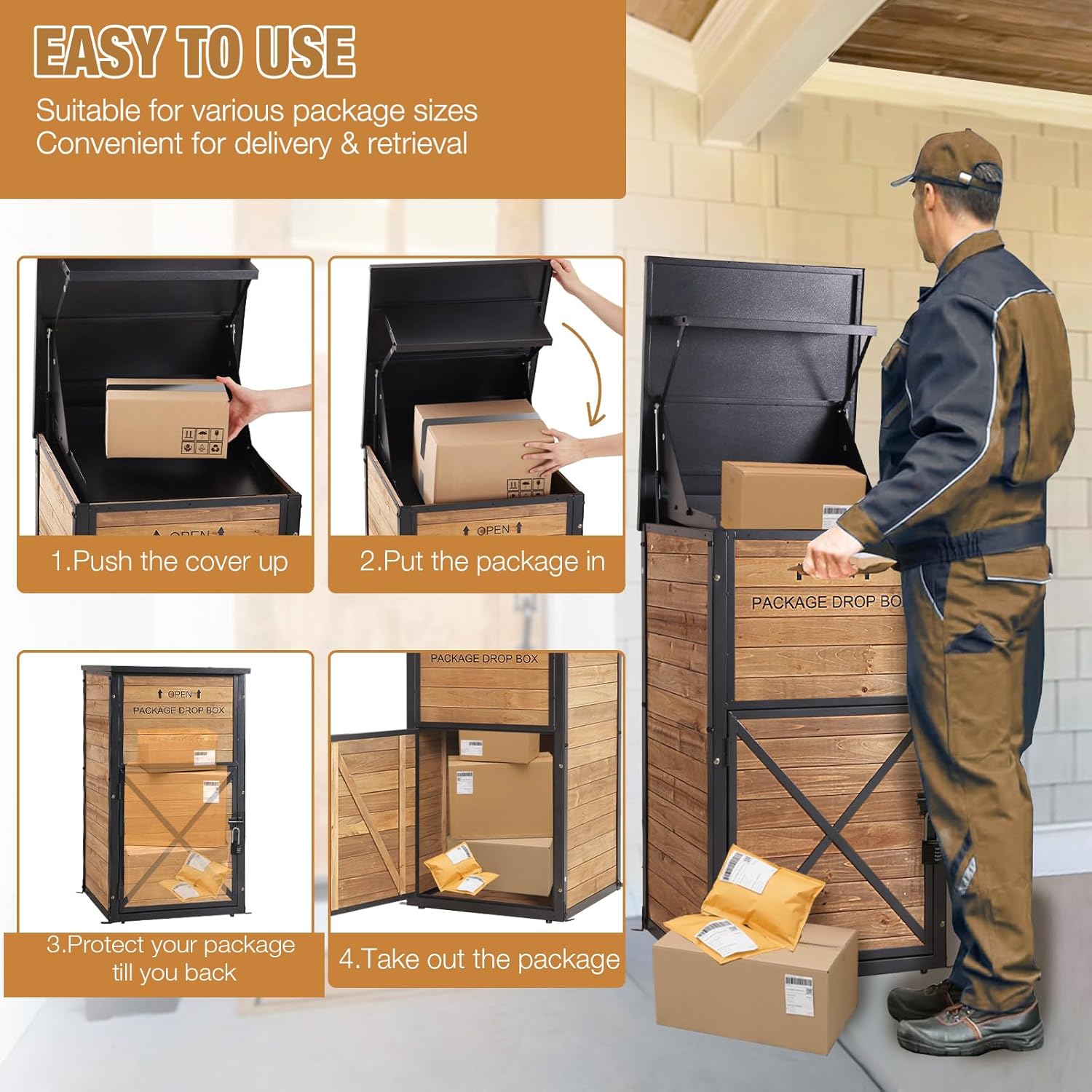 GUTINNEEN Package Delivery Box for Porch with Lockable Secure, Large Outdoor Parcel Storage Anti Theft -Waterproof Parcel Mailbox with Iron Frame & Natural Wood
