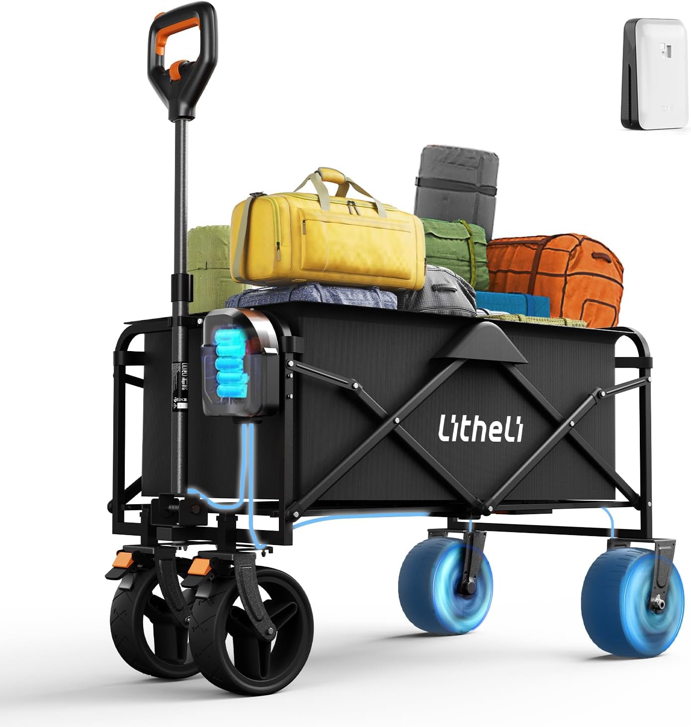 Litheli Electric Collapsible Wagon Cart Foldable, 100L Portable Folding Wagon Cart with Wheels, Outdoor Lightweight Utility Carts for Beach Grocery Camping Shopping，Black