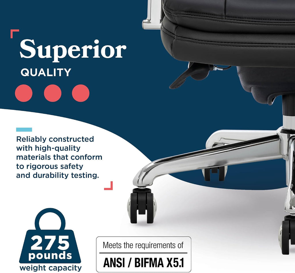 La-Z-Boy Sonata Executive Mid-Back Office Chair, Button-Tufted Seat and Back, Double-Layer Cushion, Padded Armrests, Ergonomic Computer DeskChair, Swivel Metal Base, Bonded Leather, Black/Chrome