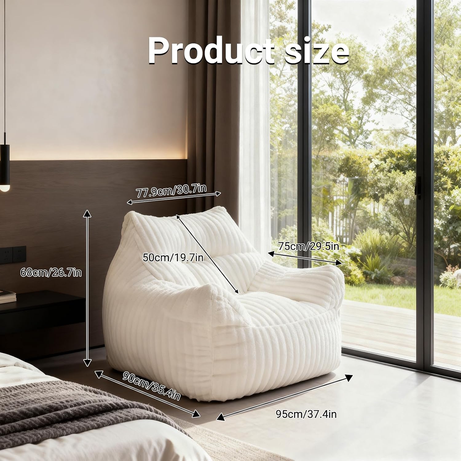Fuzzy Bean Bag Chairs for Adults with Armrests & Back Support, Oversized Fireside Chair Alternative, Plush Floor Sofa Bed for Living Room, Bedroom, Dorm, Lounge, Gaming White