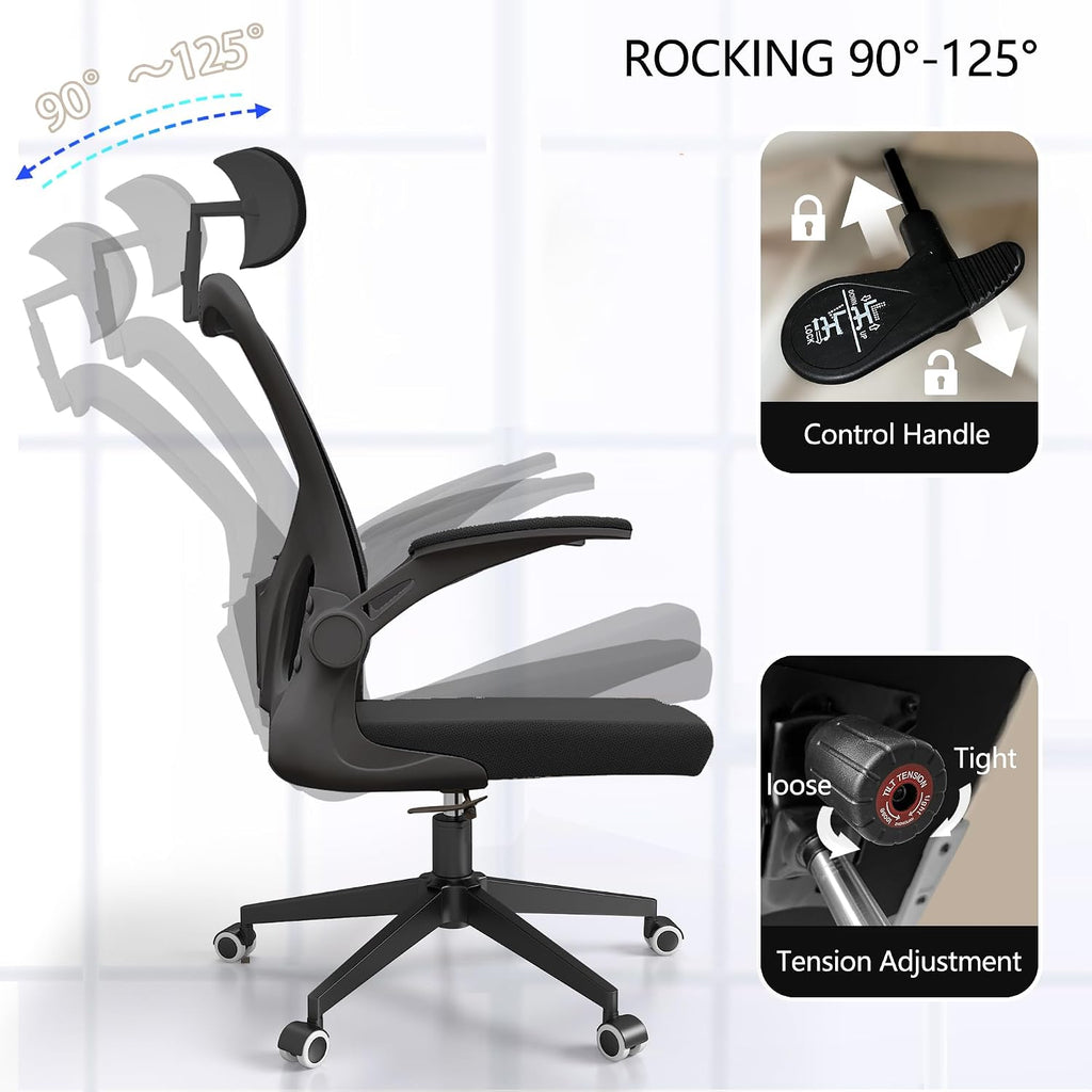 Ergonomic Office Chair, High-Back Mesh Computer Desk Chair with Adjustable Height, Lumbar Support, Flip-Up Armrests,headrest，and Swivel Rolling Design for Home and Office Use