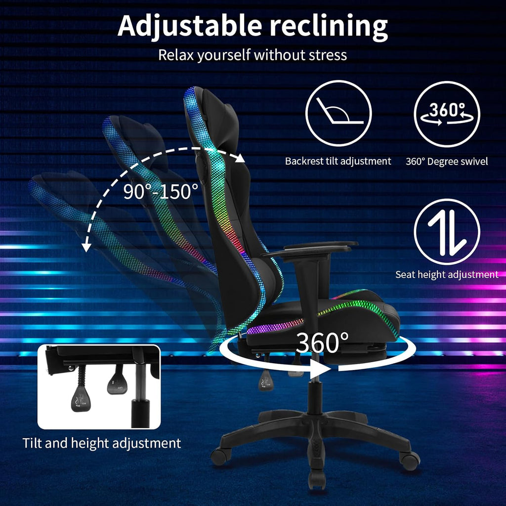 Gaming Chair with Bluetooth Speakers and LED Lights, Gamer Chair with Height Adjustable, Ergonomic Massage Computer Gaming Chair with Footrest, Video Game Chair with Lumbar Support for Adults