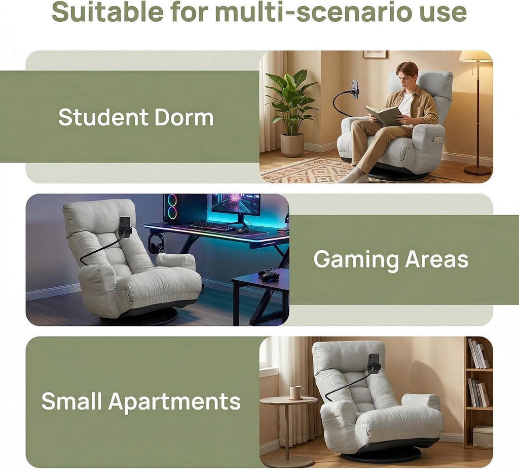 360° Swivel Floor Gaming Chair Linen Folding Chaise Lounge Chair Adjustable Cozy Sofa Chair with Armrests, Phone Holder & Padded Cushion, Ideal for Living Room, Bedroom (Grey)