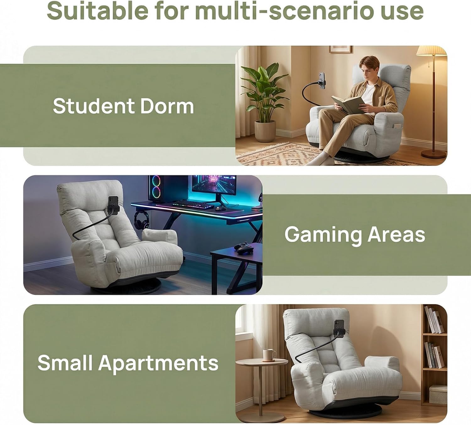 360° Swivel Floor Gaming Chair Linen Folding Chaise Lounge Chair Adjustable Cozy Sofa Chair with Armrests, Phone Holder & Padded Cushion, Ideal for Living Room, Bedroom (Grey)