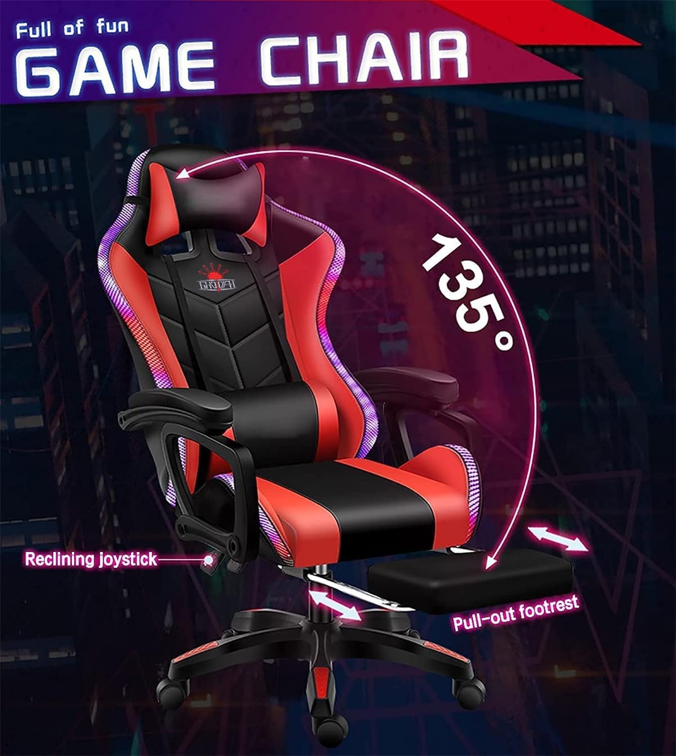 Massage Gaming Chair Racing Computer Desk Office Chair,with speakers and LED Linghts, with Headrest Lumbar Support footrest and Adjustable Armrests,360° Swivel 135° Reclining , 300LB Metal Base,Black