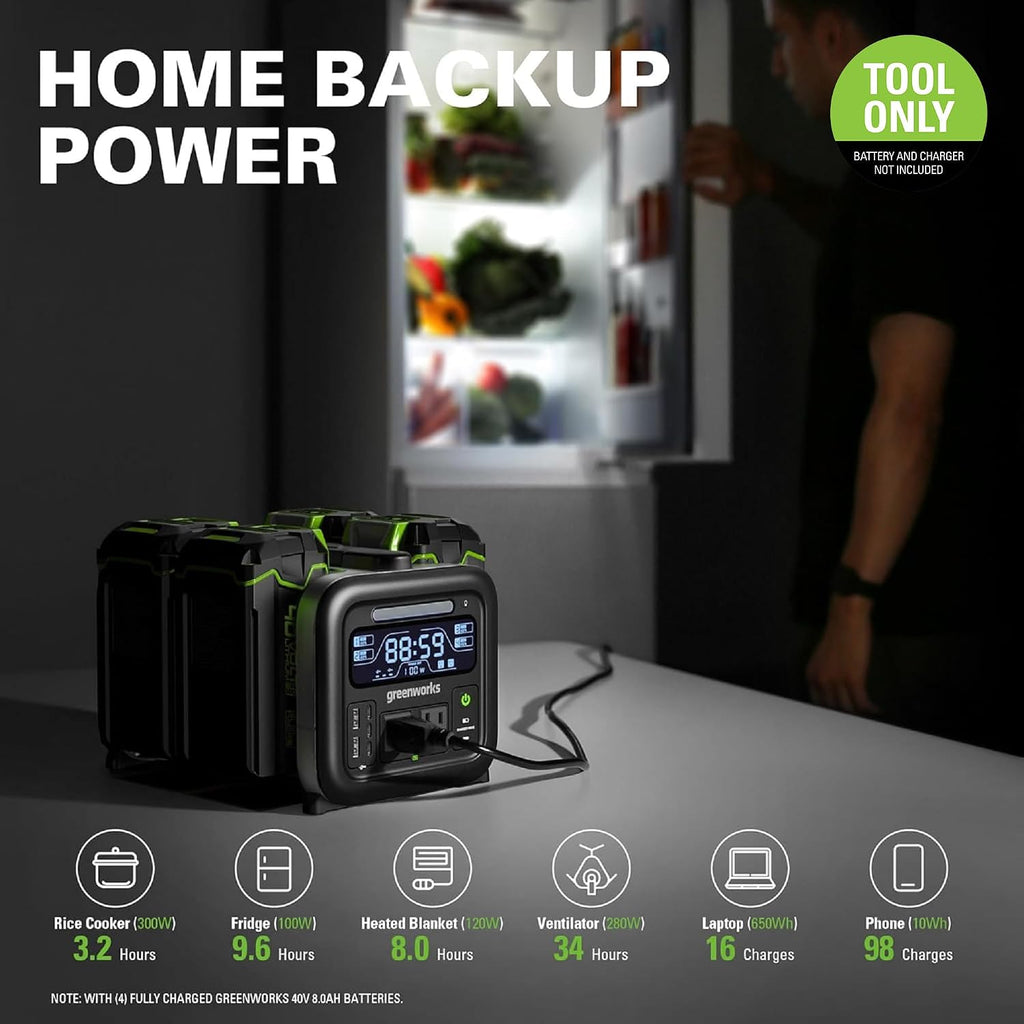 Greenworks 40V 500W Portable Power Station, 4-Slot Inverter, 2 AC Outlets, 5 USB Ports, Smart APP Control Power Generator, Outdoor Backup Power Supply (POWER 75+TOOLS, BATTERY SOLD SEPARATELY),Black
