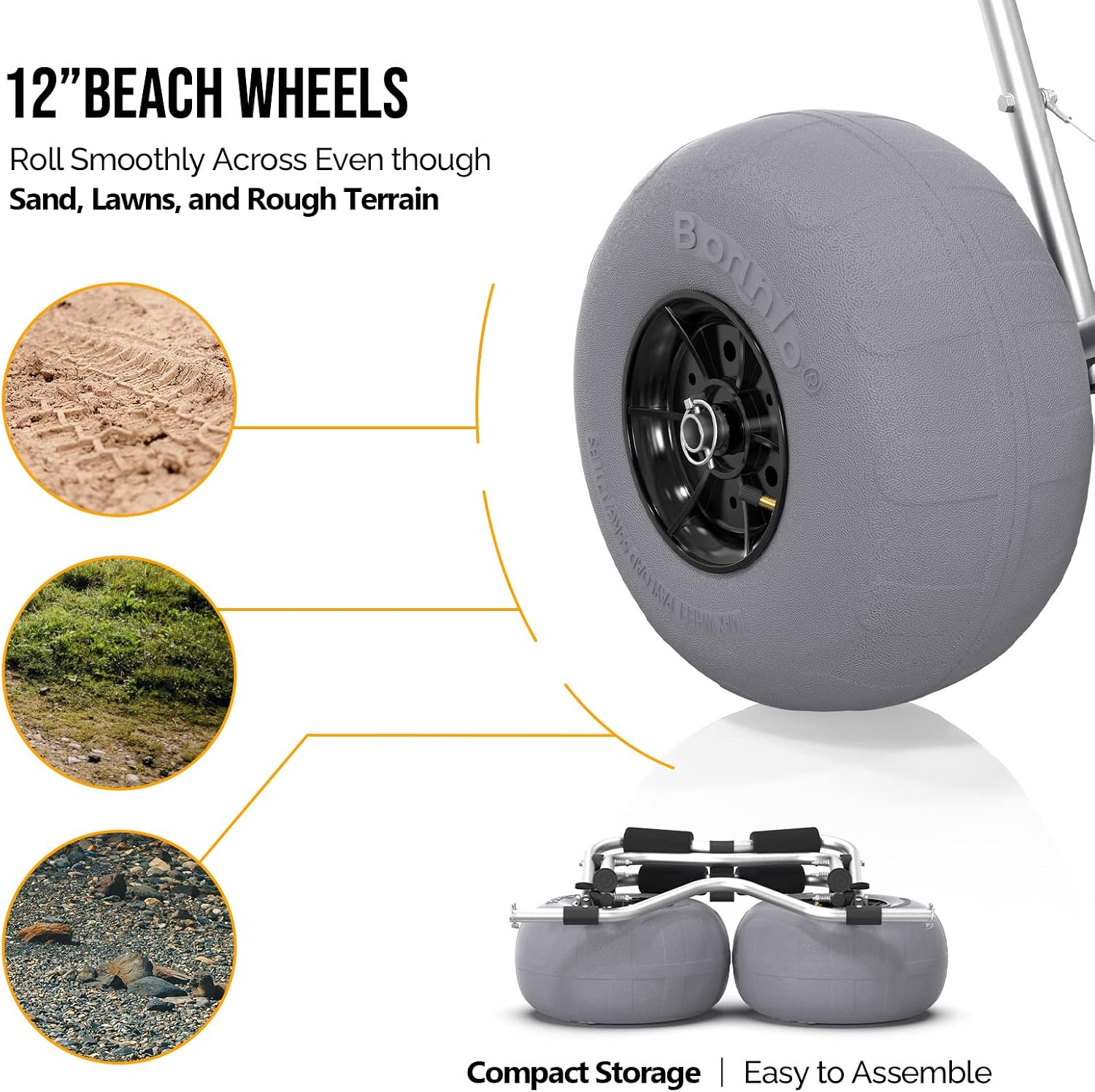 Bonnlo Kayak Cart Trolley Canoe Paddle Board Boat Cart Carrier Dolly with 12' Big Beach Wheels Balloon Kayak Transport Wheels Cart Foldable, Free Pump, 2 Ratchet Straps- Perfect for Soft Sand