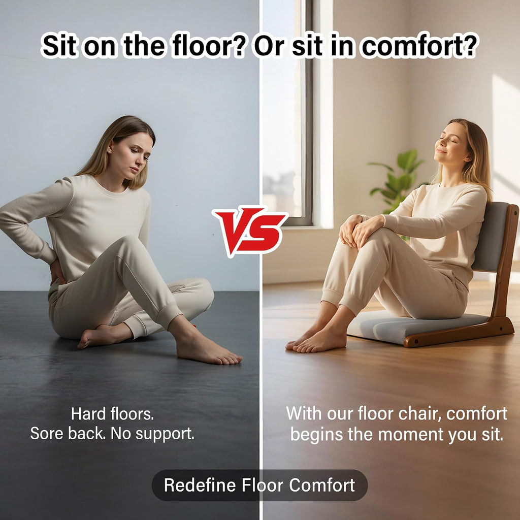 Tiita Floor Chair with Back Support, Foldable Meditation Tatami Chairs, Backrest Chair with Cushion, Living Room Chair Seat 2 Pack, Walnut Grey
