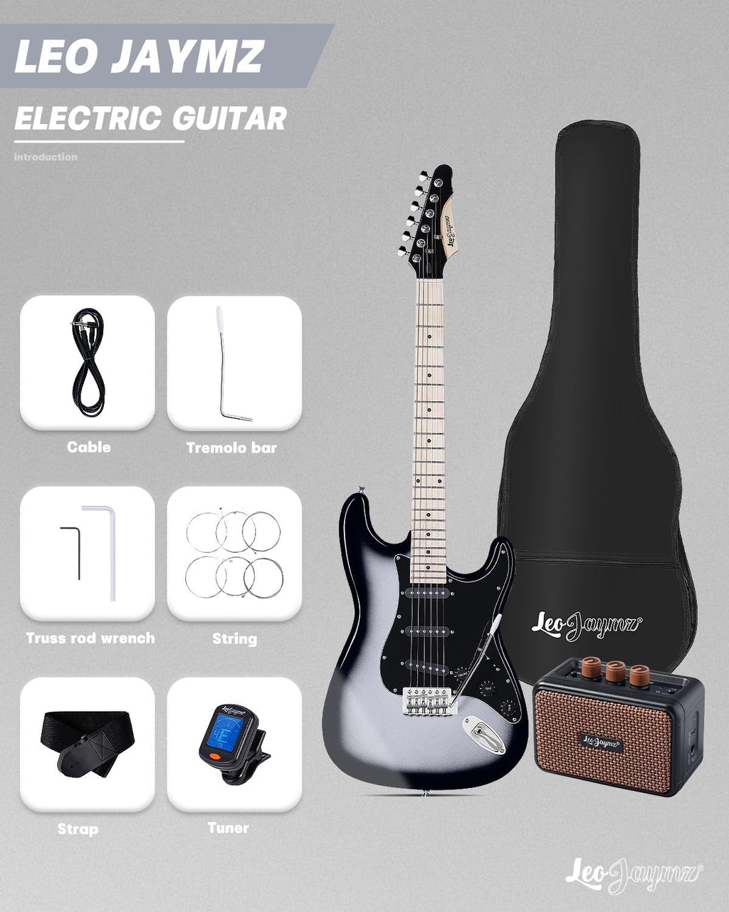 Leo Jaymz 39' Full Size ST Style Electric Guitar Starter Kit with SSS Pickups, 5W Portable Amp, Tuner, Gig Bag, Strap & Accessories(Silver Black 5W)