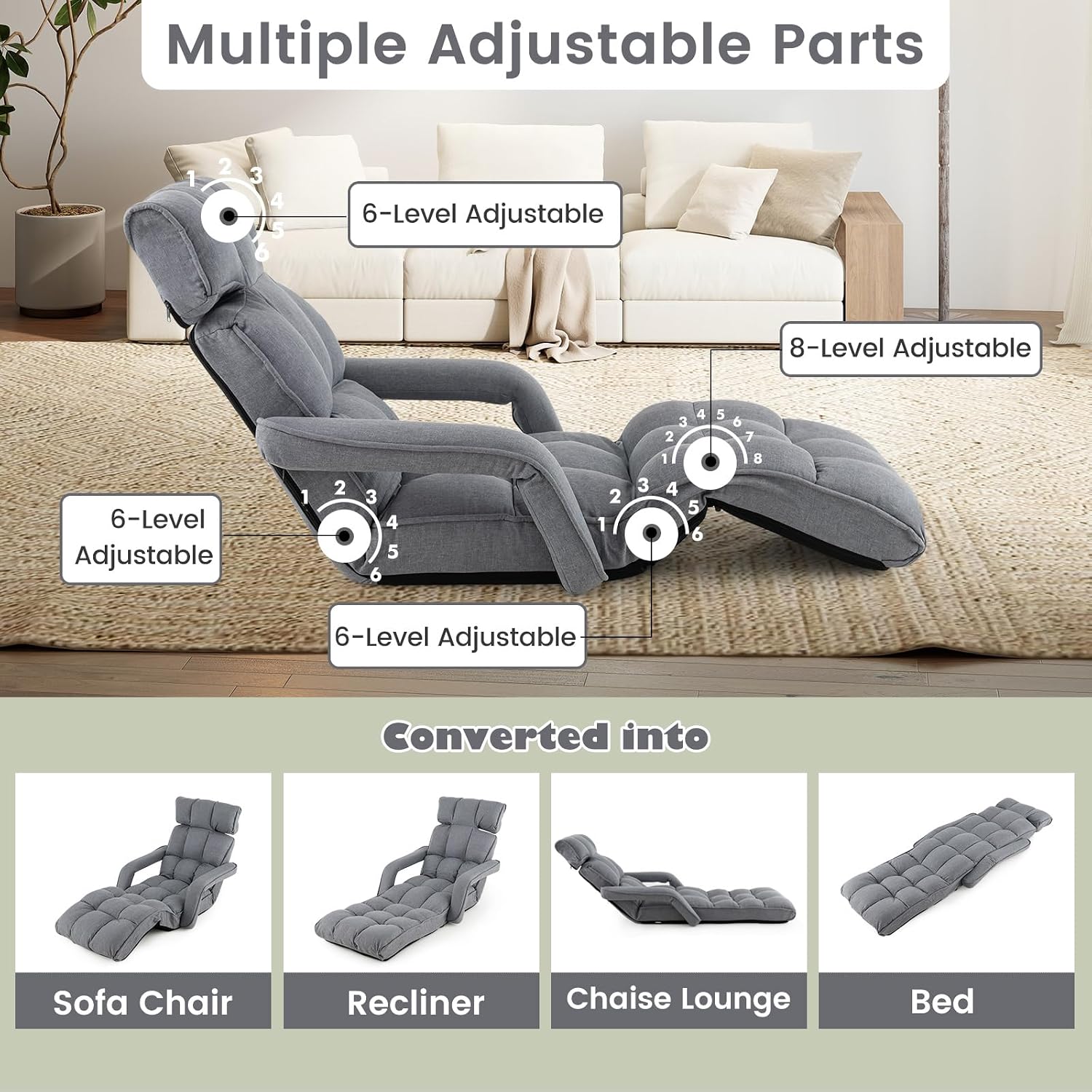 RELAX4LIFE Floor Chair Sofa Bed - Folding Lazy Sofa w/6-Position Adjustable Backrest, Armrests & 8-Level Footrest for Living Room Bedroom, Gaming Floor Chairs for Adults, Foldable Chaise Lounge Indoor