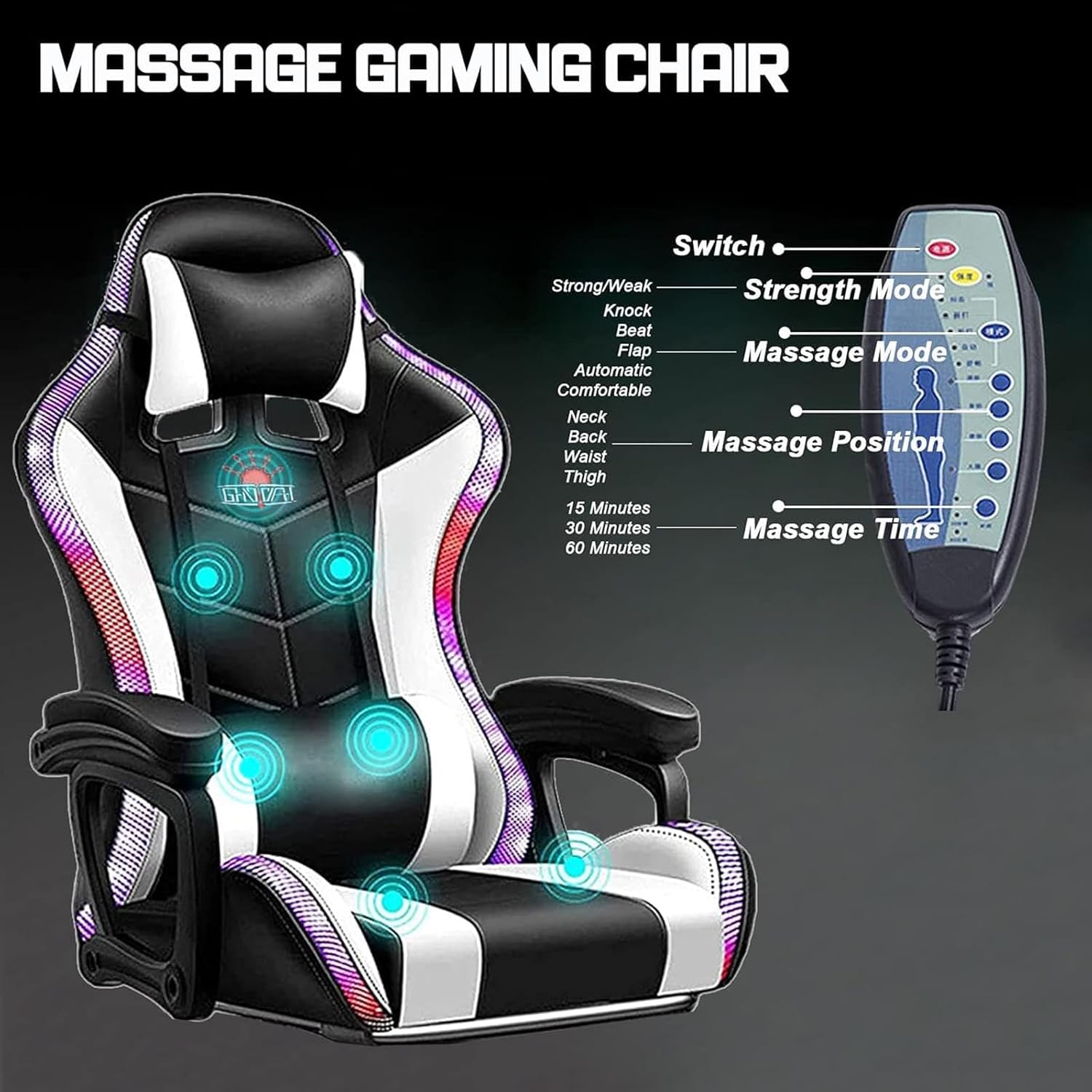 Video Gaming Chair with Footrest,Game Chair with Bluetooth Speakers,Computer Chair with LED Lights,Ergonomic Massage Gaming Chair with Massage Function,360°Swivel 90°-135° Adjustment Backrest (White)