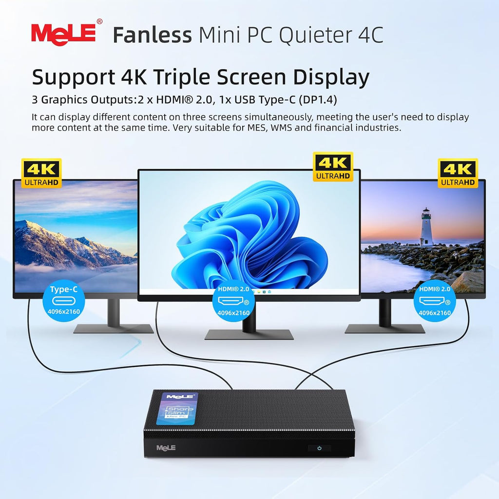 MeLE Quieter4C Fanless N150 Mini PC 8GB LPDDR5 128GB eMMC Win11pro Ultrathin Micro PC 2X HDMI + USB-C 4K Triple Display 2.4G/5GHz WiFi BT5.1 GbE Small Desktop Computer on Office IoT Digital Signage