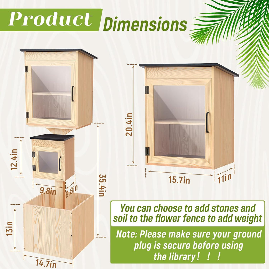 Wonderjune Little Library Box Outdoor Weatherproof Solid Wood Double Book Exchange Box with Pillar-Mounted Mini Library, Floor Plugs & Flower Fence for Community Neighborhood School(Natural Wood)