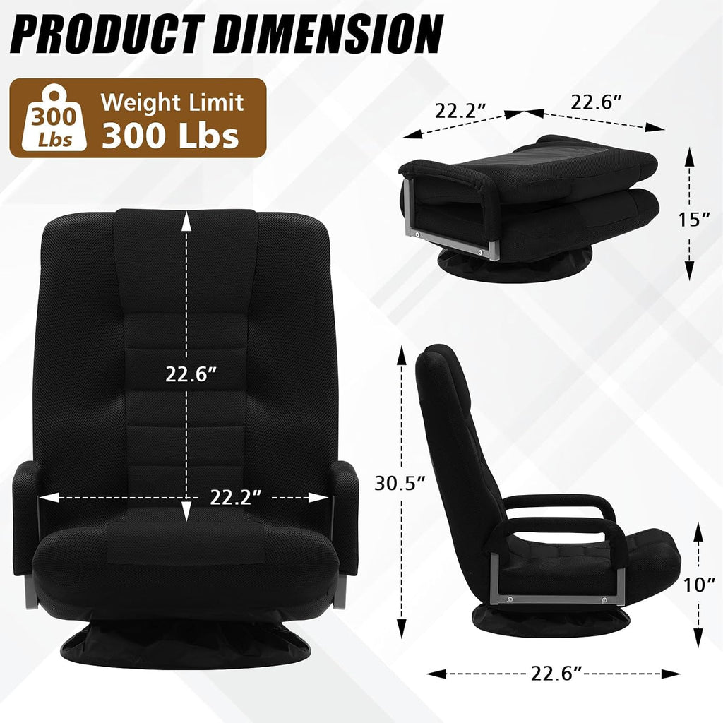 Swivel Gaming Chair Multipurpose 2PACK Floor Gaming Chair for Playing Video Games, TV, Reading w/Armrest Lumbar Support & 6 Adjustable Postion Backrest for Adults, Black