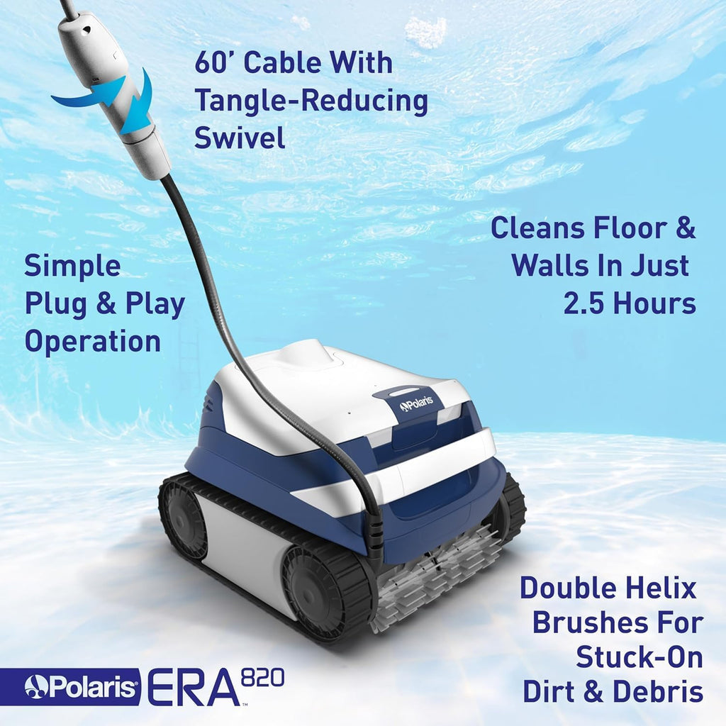 Polaris ERA 820 Robotic Pool Cleaner with Cyclonic Vacuum, Dual Brushes, 60ft Swivel Cable, Large Canister, Caddy & Cover – for In-Ground Pools
