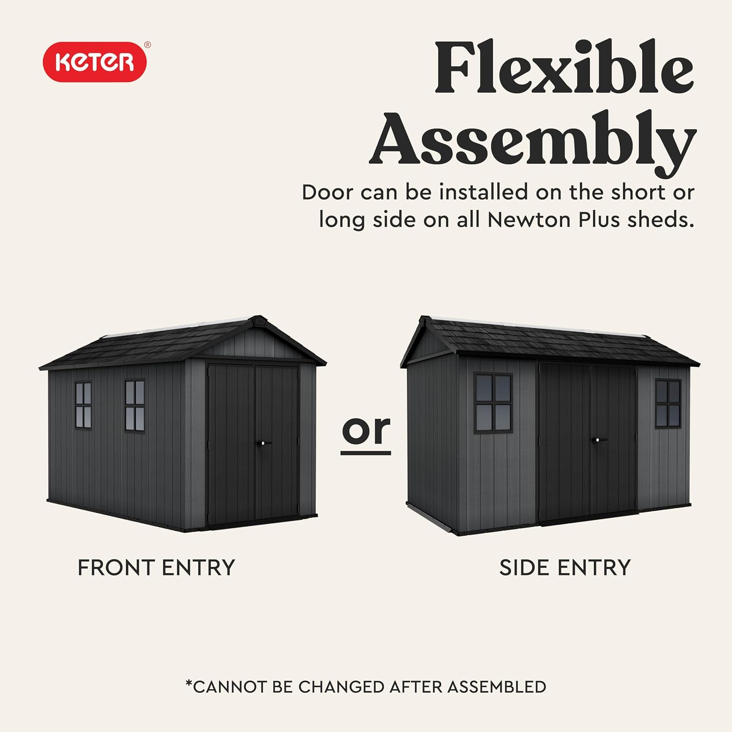 Keter Newton Plus 7.5x11 Ft All-Weather Storage Shed with Skylight, Window, Built-in Ventilation, Customizable Walls, & Lockable Double Doors, Graphite
