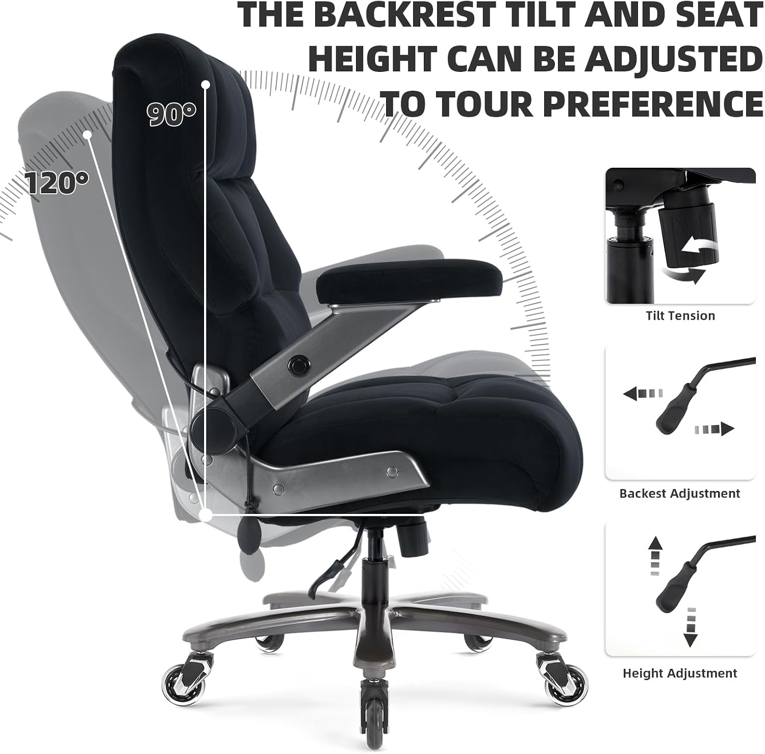 VUZI 700LBS Large Heavy Duty Office Chair with 3D Flip Arms, Big and Tall Plus Size Fabric Executive Desk Chairs, High Back Extra Wide Computer Chair with Adjustable Lumbar Support, Sturdy Metal Base