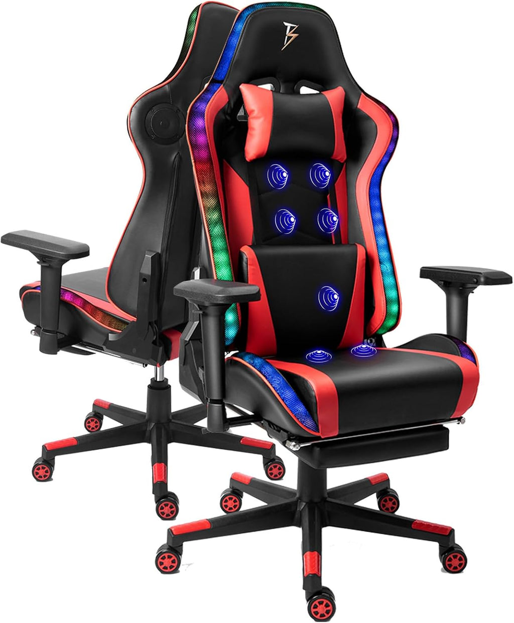 Gaming Chair with Footrest and Massage Lumbar Support,Adult Video Gaming Chair with Speakers and LED/RGB Lights, Ergonomic Computer Chair,180 Degree Tilt High Back Office Chair.,Red