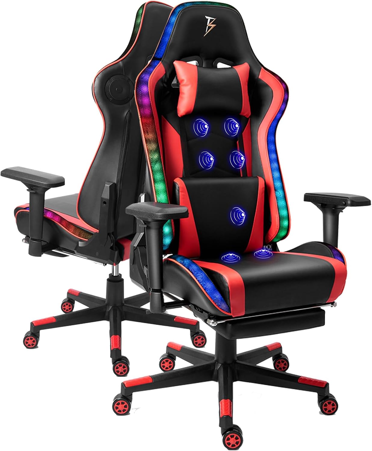 Gaming Chair with Footrest and Massage Lumbar Support,Adult Video Gaming Chair with Speakers and LED/RGB Lights, Ergonomic Computer Chair,180 Degree Tilt High Back Office Chair.,Red