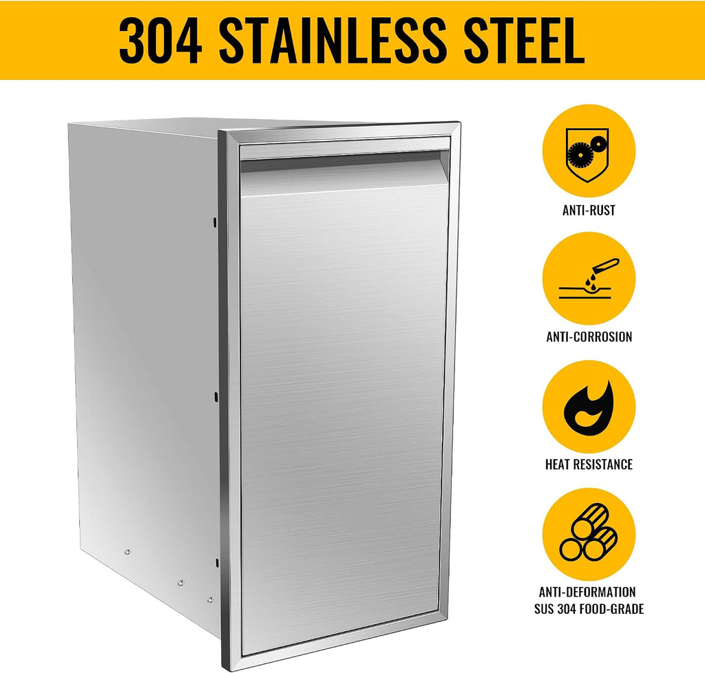 Built-in Single Trash Drawer 14' W x 27' H x 20' D, Pull-Out Tray Outdoor Kitchen Stainless Steel Trash Drawer Storage One Trash Bin for BBQ Island Grill Station