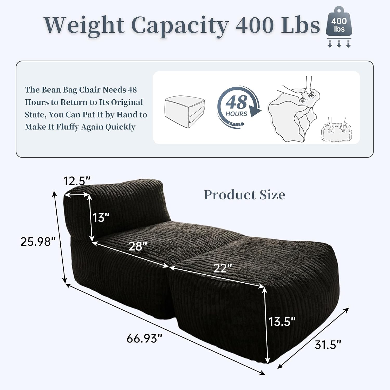 Large Memory Foam Bean Bag Chair for Adults – Big Lounger Sofa Seat for Living Room, Bedroom, or Balcony (Black)