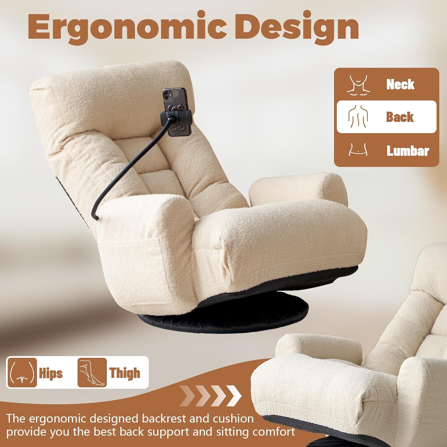 Teddy 360° Swivel Floor Gaming Sofa Chair - Beige | Adjustable Head & Waist Support, Padded Cushion, Folding Gaming Lounge Chair with Armrests & Phone Holder | Home Office