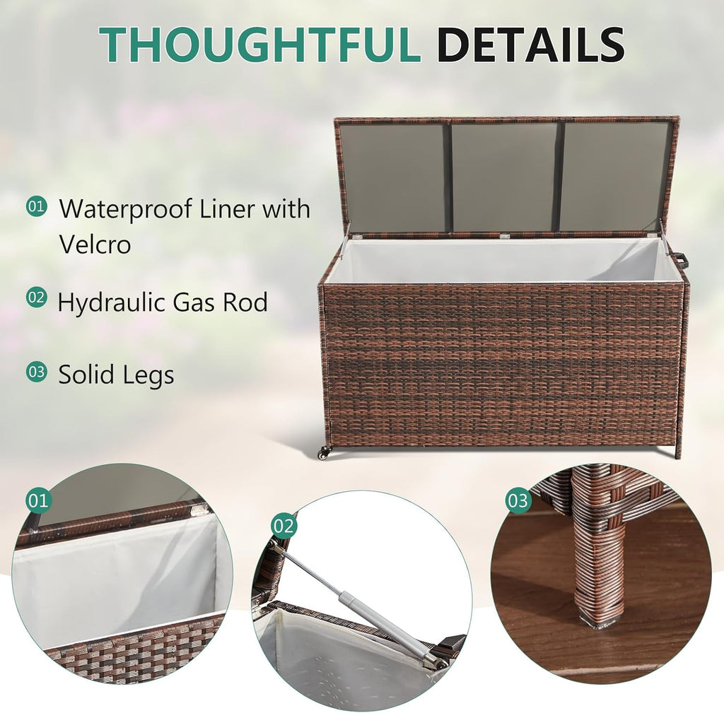 AVAWING 180 Gallon Large Deck Box, Outdoor Wicker Storage Container, Patio Rattan Furniture for Garden Tools, Pillows, Pool, Brown