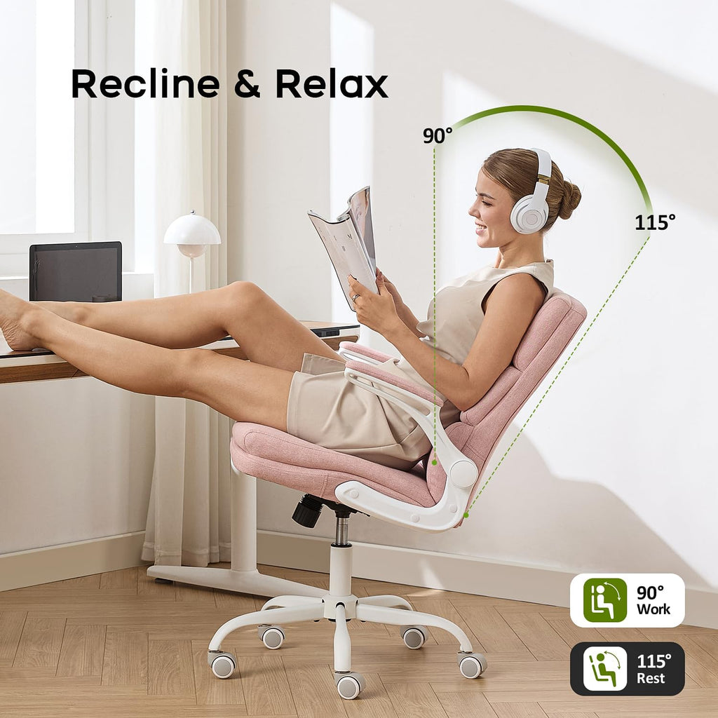 amseatec Office Chair Adjustable Desk Chair Mid Back Executive Comfortable Fabric Ergonomic Back Support Home Computer Chair with Padded Flip-up Armrest Swivel Wheels (Pink)