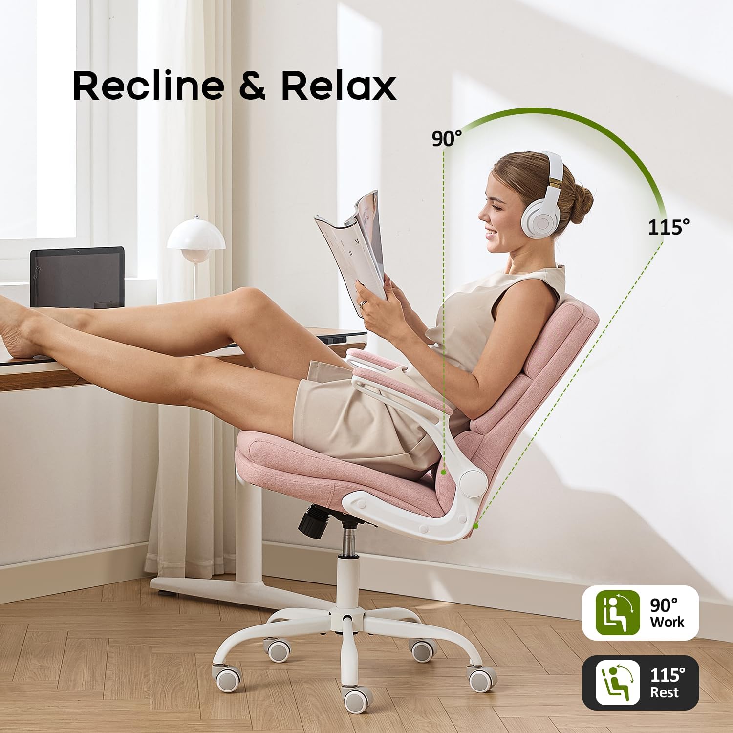 amseatec Office Chair Adjustable Desk Chair Mid Back Executive Comfortable Fabric Ergonomic Back Support Home Computer Chair with Padded Flip-up Armrest Swivel Wheels (Pink)