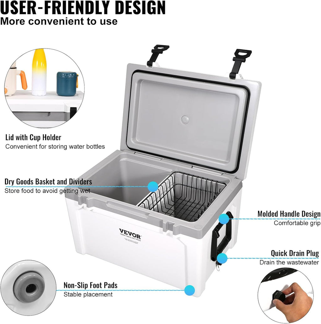 VEVOR Ultra-Light Hard Cooler, Ice Retention Cooler with Heavy Duty Handle, Ice Chest Lunch Box for Camping, Travel, Outdoor, Keeps Cool for up to 6 Days, 30% Lighter Than Rotomolded Coolers
