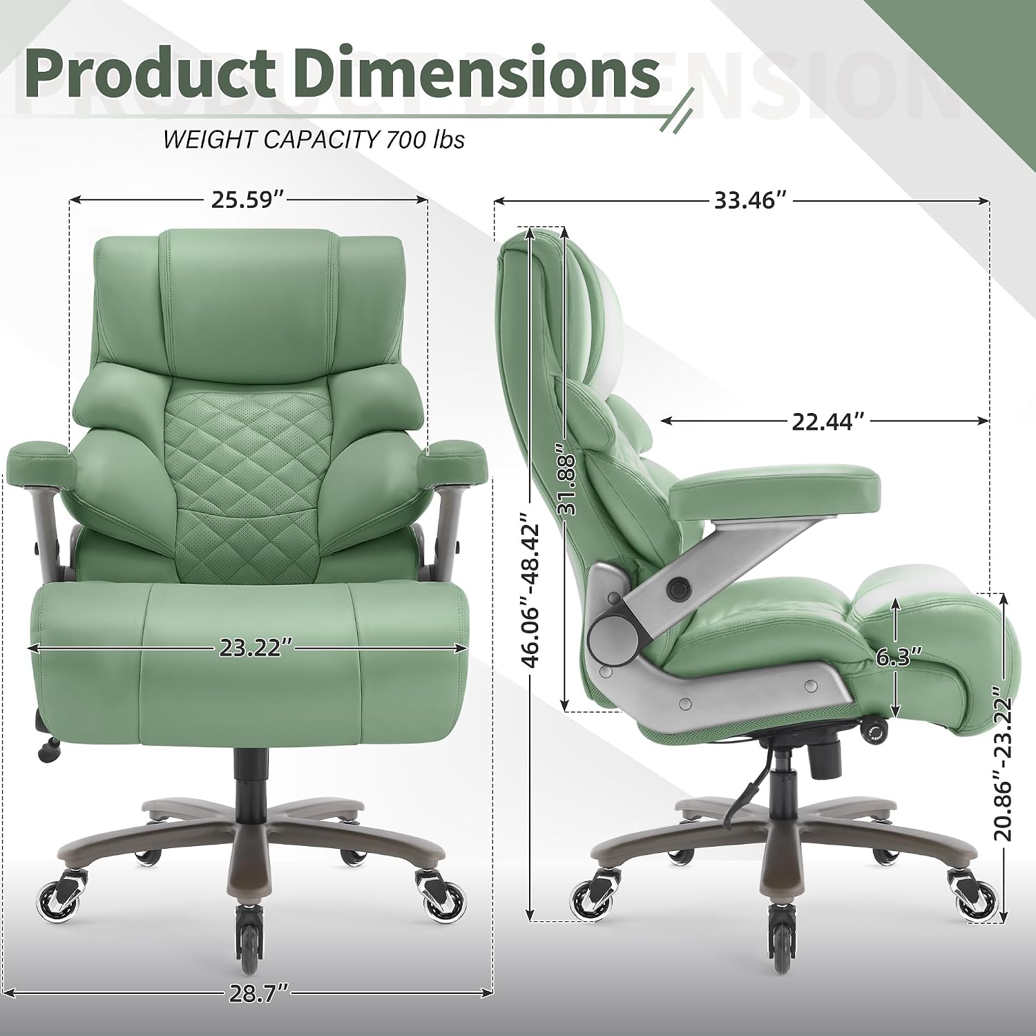 VUZI 700lbs Big and Tall Office Chair-Large Computer Chair with Adjustable Lumbar Support 3D Flip Arms Plus Size Wheels, High Back Executive Desk Chair, Heavy Duty Metal Base, Thick Padded Wide Seat
