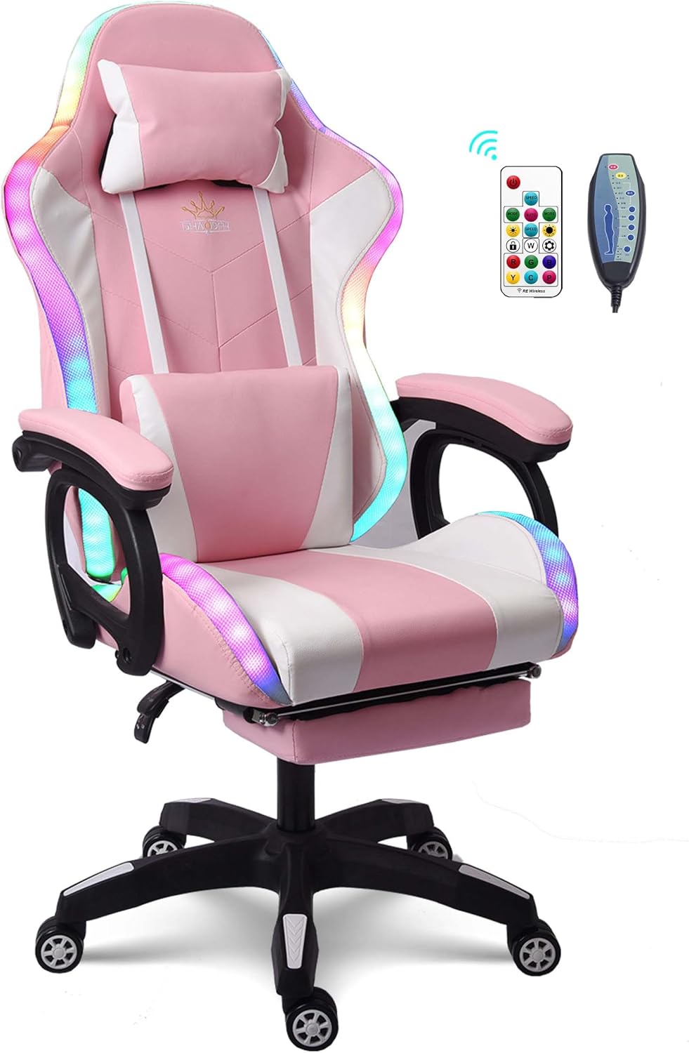 Ergonomic Massage Gaming Chair, Office Chair with Lumbar Support and Footrest, Video Gaming Chair with RGB Lights and Speakers, Adjustable Linkage Armrests and Backrest PC Chair.,Pink
