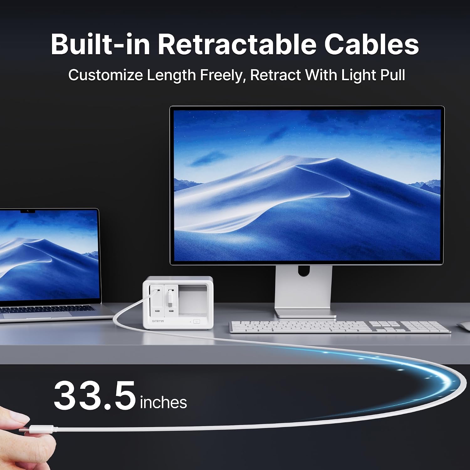 Gitryin 11-in-1 Desktop Charging Station with 3 Retractable Wall Chargers, 40W USB-C Power Strip with 5 AC, 3 USB C, 3 Type-C 33.5in Cables, Extension Cord with 1020J Surge Protection for Home Office
