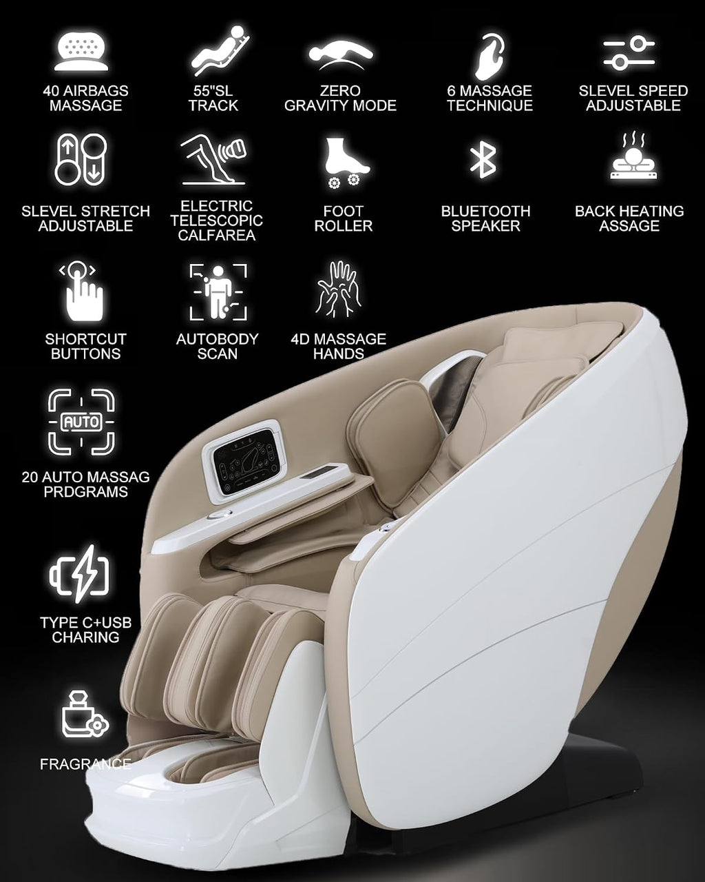 Massage Chair Full Body,4D Zero Gravity Massager Recliner with Touch Screen Controller, SL-Track Heating, Foot Massage, Auto Modes, Bluetooth Speaker, Beige