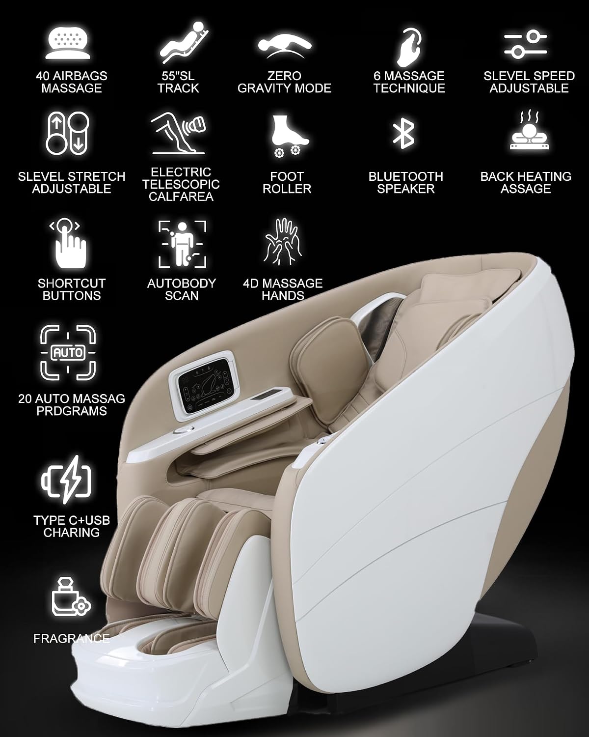 Massage Chair Full Body,4D Zero Gravity Massager Recliner with Touch Screen Controller, SL-Track Heating, Foot Massage, Auto Modes, Bluetooth Speaker, Beige
