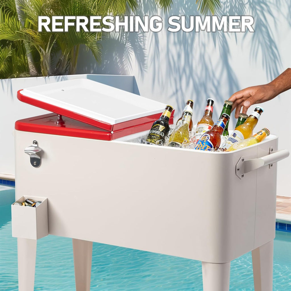 Outvita 80 Quart Rolling Ice Chest, Portable Bar Drink Cooler with Catch Basin, Bottom Storage Tray and Bottle Opener for Patio Party BBQ Beach Activities
