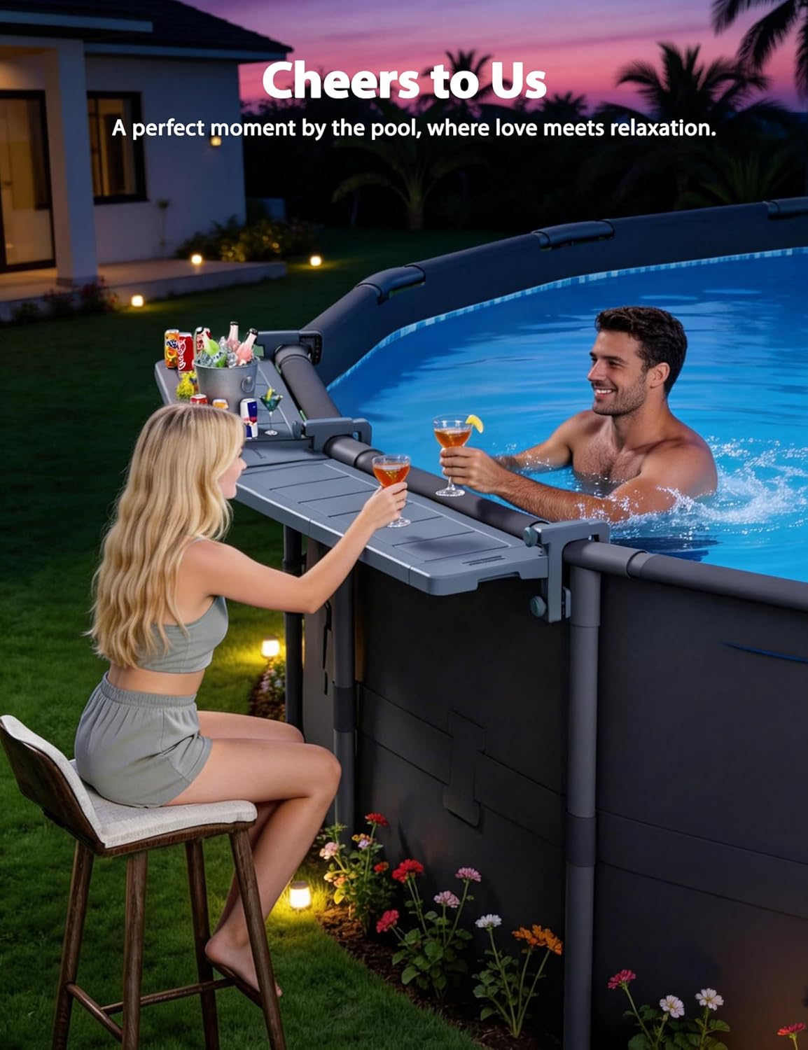 POOLHACKER Poolside Bar Extended, [Original] Swim Up Bar Exclusively for Above-Ground Round Pools. Patio Poolside Table Smart Fold Easy Maintenance, Weather Resistant Stable Tabletop