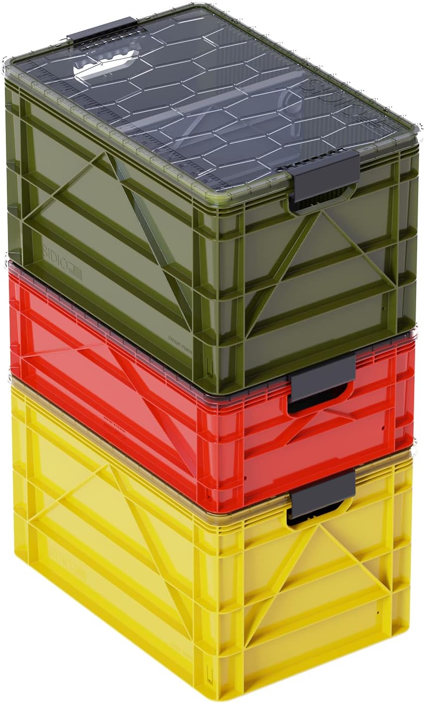 SIDIO CRATE Starter Pack - Two Full Size and One Half Size SidioCrate, Stackable Outdoor Organizer Storage Bins with Clear Lid and Dividers - UTILITY Variety Pack