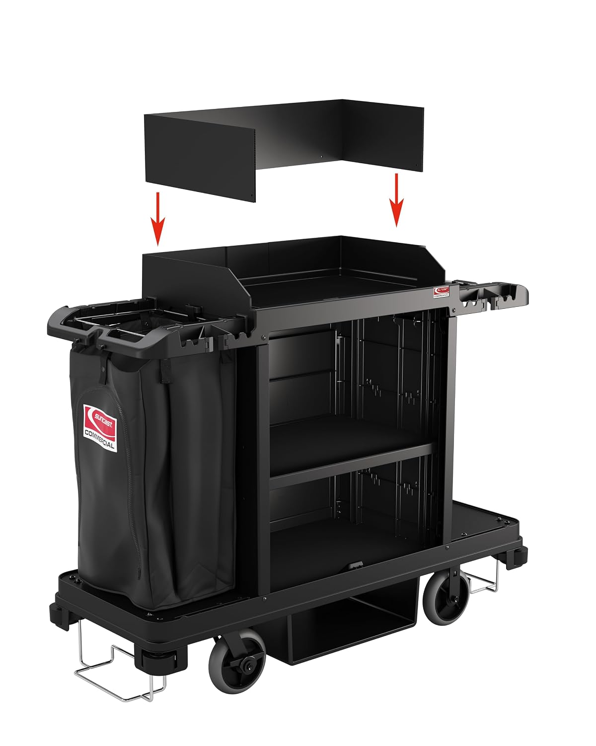 Suncast Commercial Standard Housekeeping Cart with Laundry Bag, Vacuum Holders, Integrated Cleaning Tool Storage, 56' Height x 22' Width, Made in the USA