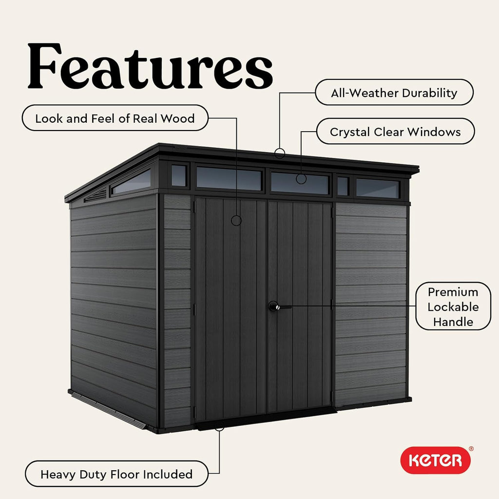 Keter Cortina 9x7 Ft All-Weather Storage Shed with Skylight, Window, Built-in Ventilation, Customizable Walls, & Lockable Double Doors, Graphite