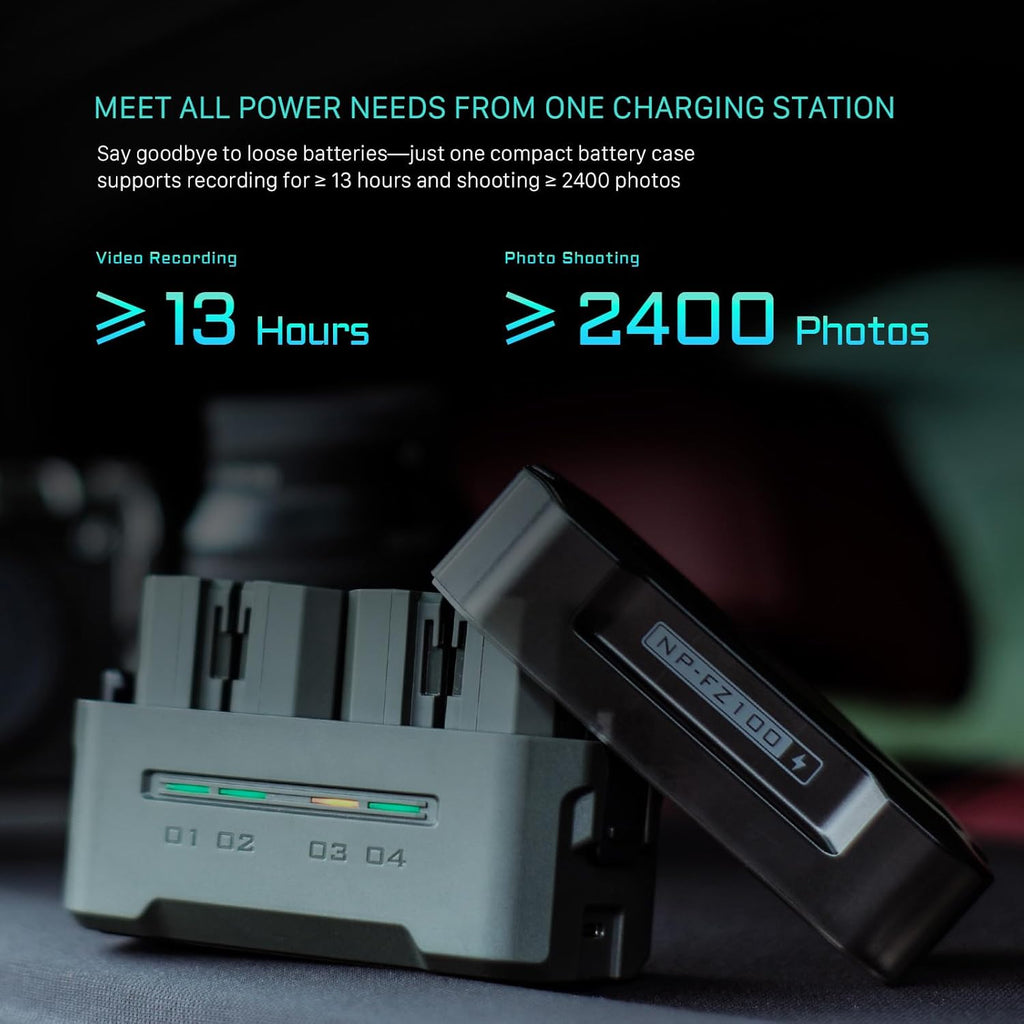 Tilta Portable Charging Station w/ 4 Batteries for NP-FZ100 Battery | Charge 4 Batteries w/USB-C PD 45W Fast Charge | Safe for A6600, A6700, A7C, A7III, A7IV, A7RIII/IV, A7S Il, FX3,FX30,A1 – Green